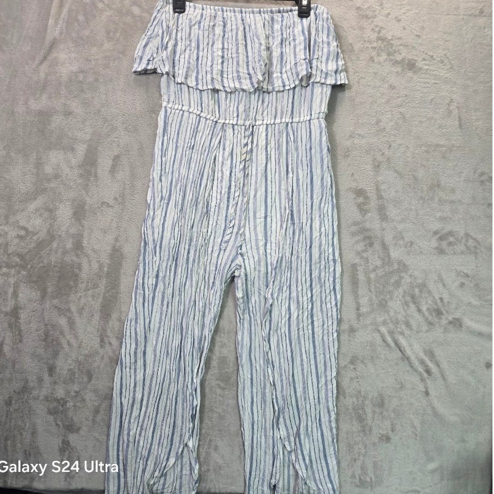 rue21 Womens Blue White Striped Strapless Ruffle Wide Leg Jumpsuit Large L